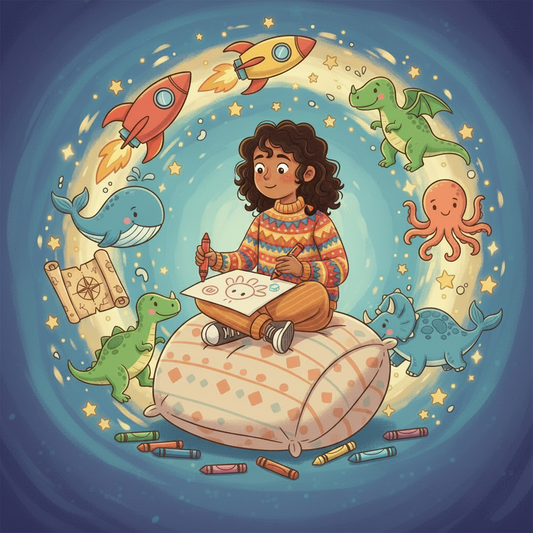 A young girl drawing with crayons, surrounded by magical adventure icons